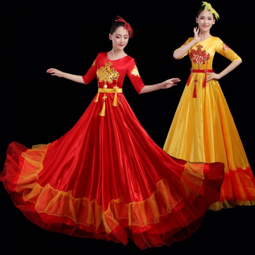 Red flamenco dress bull dance dress for women chorus choir stage performance chinese folk  ballroom dresses